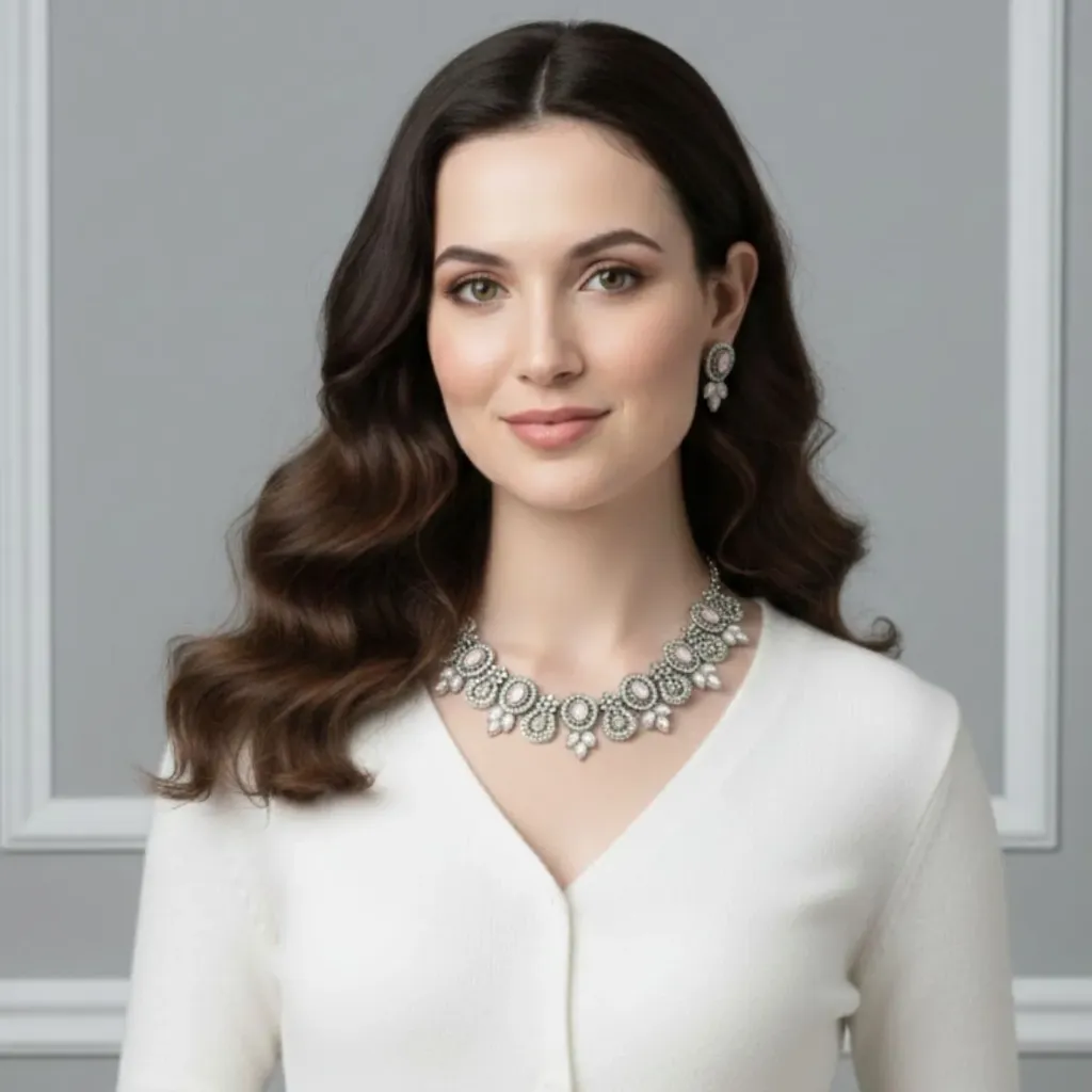 Exquisite Pink & White Diamond Necklace Set - Radiant Elegance